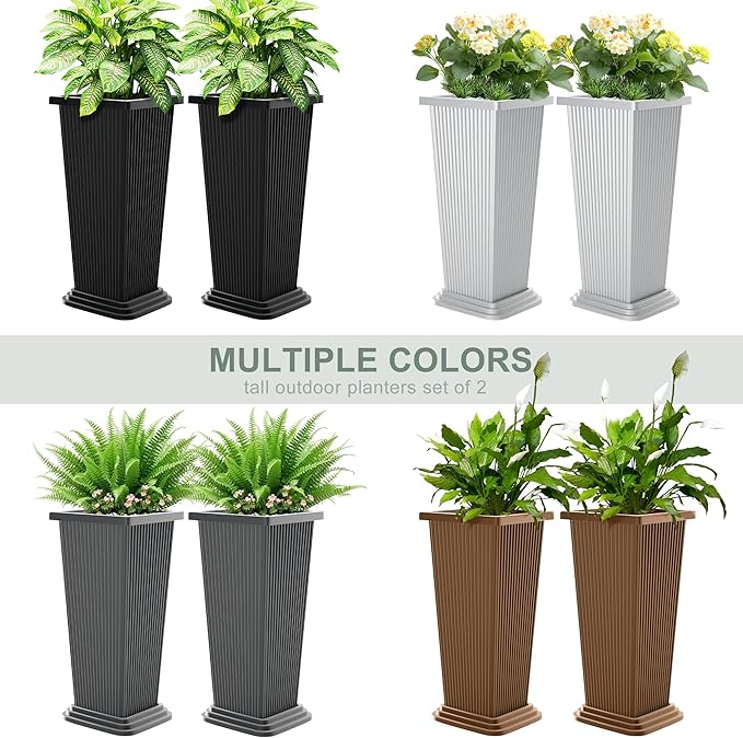 Tall Black Planters Outdoor Set of 2, Large Outdoor Tall Planters Pots with Tray, Modern Tapered Flower Planter for Front Porch, Patio, Garden (24", Ribbed)