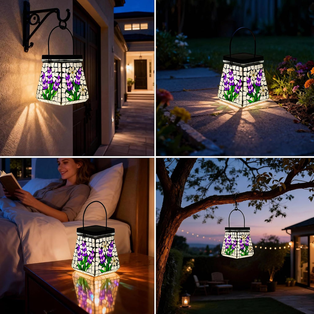 SAVENNA Mosaic Solar Lantern,Handcrafted Glass Outdoor Hanging or Table Lantern,600mAh Long Lasting Garden Light for Patio, Yard & Outdoor Decor– Lavender Pattern