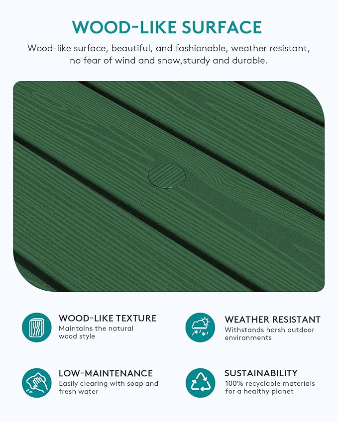 SERWALL Outdoor Coffee Table with 1.69" Umbrella Hole, HDPE Patio Coffee Table for Outside, Rectangle, Green