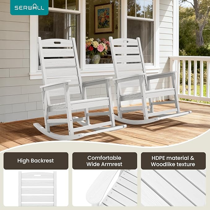 SERWALL Outdoor Rocking Chair Set of 4, Oversized HDPE Patio Rocking Chair with Footrest for Adults, All Weather Porch Rocker for Deck Patio Balcony, White
