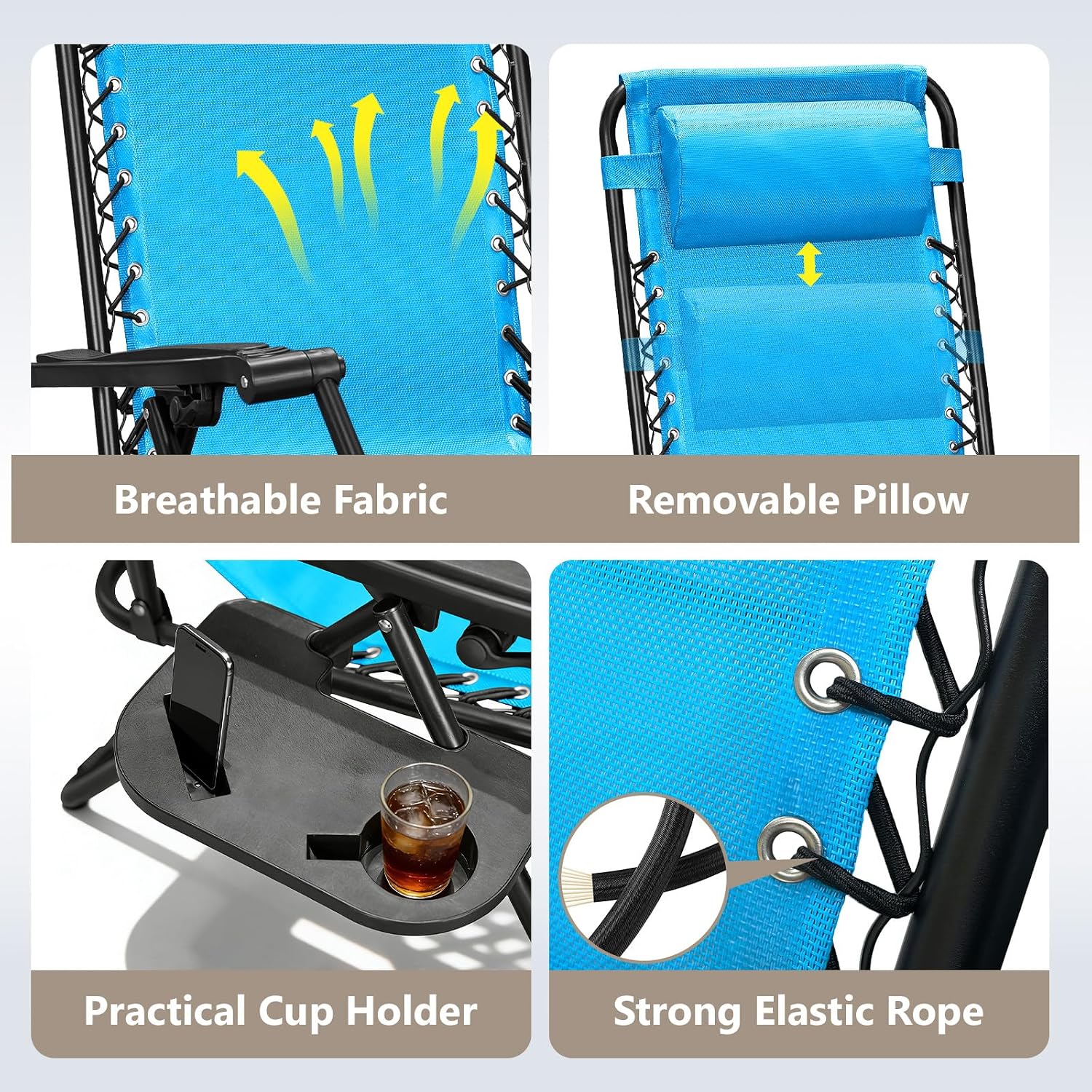 Zero Gravity Chairs Set of 2, Adjustable Lounge Chair Outdoor Recliner, Folding Reclining Lawn Chair, Anti Gravity Chair with Pillow & Cup Holder for Pool Camping Sunbathing Beach Patio (Sky Blue)