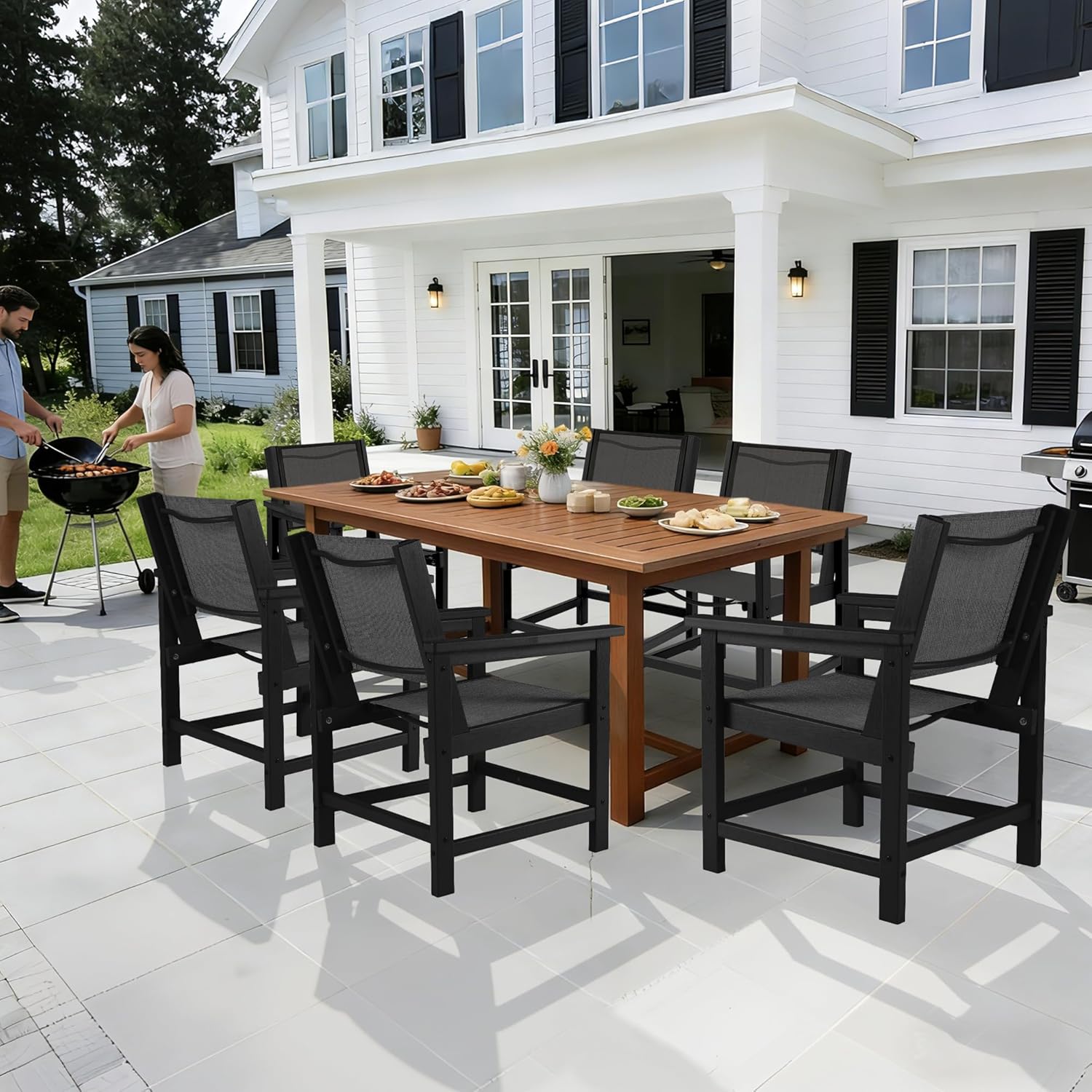 Dining Chairs,HDPE Outdoor Chairs Set of 2, All Wather Heavy Duty with Comfortable Textilene Back and Seat, Both for Outdoor and Indoor Use, Black