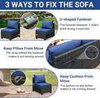 Jing's Villa 5-Piece Patio Furniture Set, All-Weather Outdoor Wicker Sectional Sofa with Cushions, Tempered Glass Table & Ottoman,Rattan Conversation Seating for Porch, Garden, Backyard,Navy