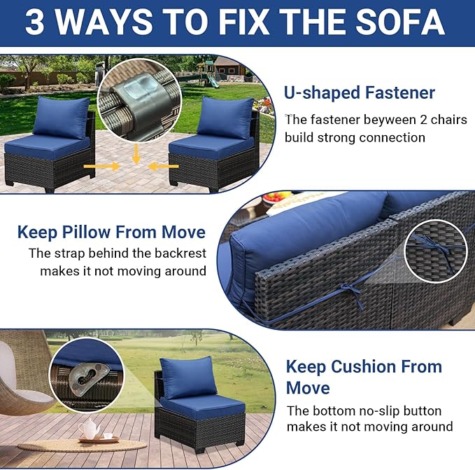 Jing's Villa 10-Piece Patio Furniture Set, All-Weather Outdoor Wicker Sectional Sofa with Cushions, Glass Table & Left and Right Armrest, Rattan Conversation Seating for Porch, Garden, Backyard,Navy