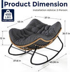 Papasan Rocking Chair, Outdoor Wicker Egg Rocker with Cushion, Grey | Comfy Oversized Reading Chair, Cozy 30°-Rock Bed with 6" Cushion, Steel Frame 450LBS Capacity for Patio Porch Lawn