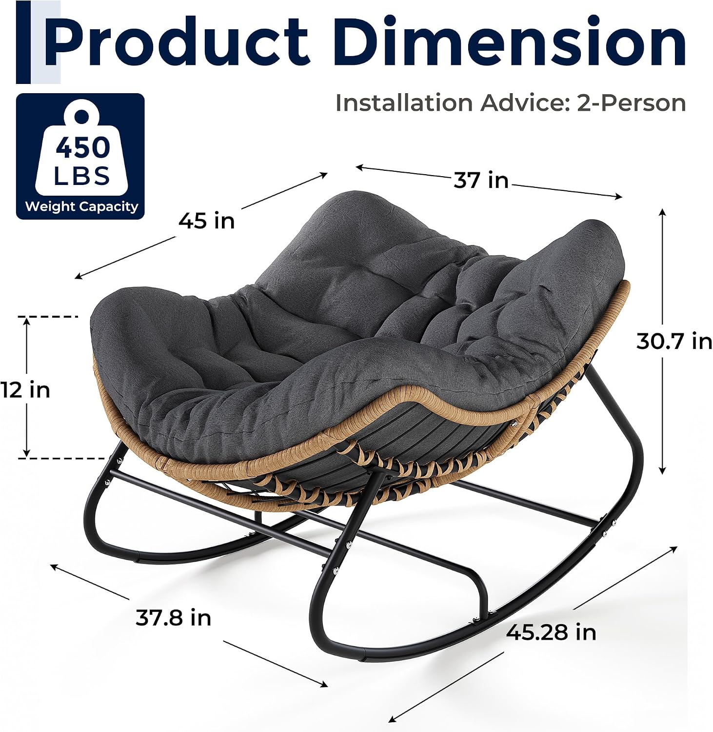 Papasan Rocking Chair, Outdoor Wicker Egg Rocker with Cushion, Grey | Comfy Oversized Reading Chair, Cozy 30°-Rock Bed with 6" Cushion, Steel Frame 450LBS Capacity for Patio Porch Lawn