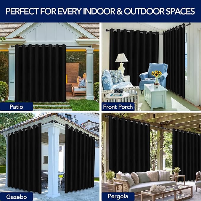 PureFit Outdoor Curtains for Patio Waterproof Weatherproof, UV Resistant Outside Curtains for Gazebo, Front Porch, Pergola, Sun Blocking Privacy Curtain, 120W x 95L inch, 1 Panel, Black