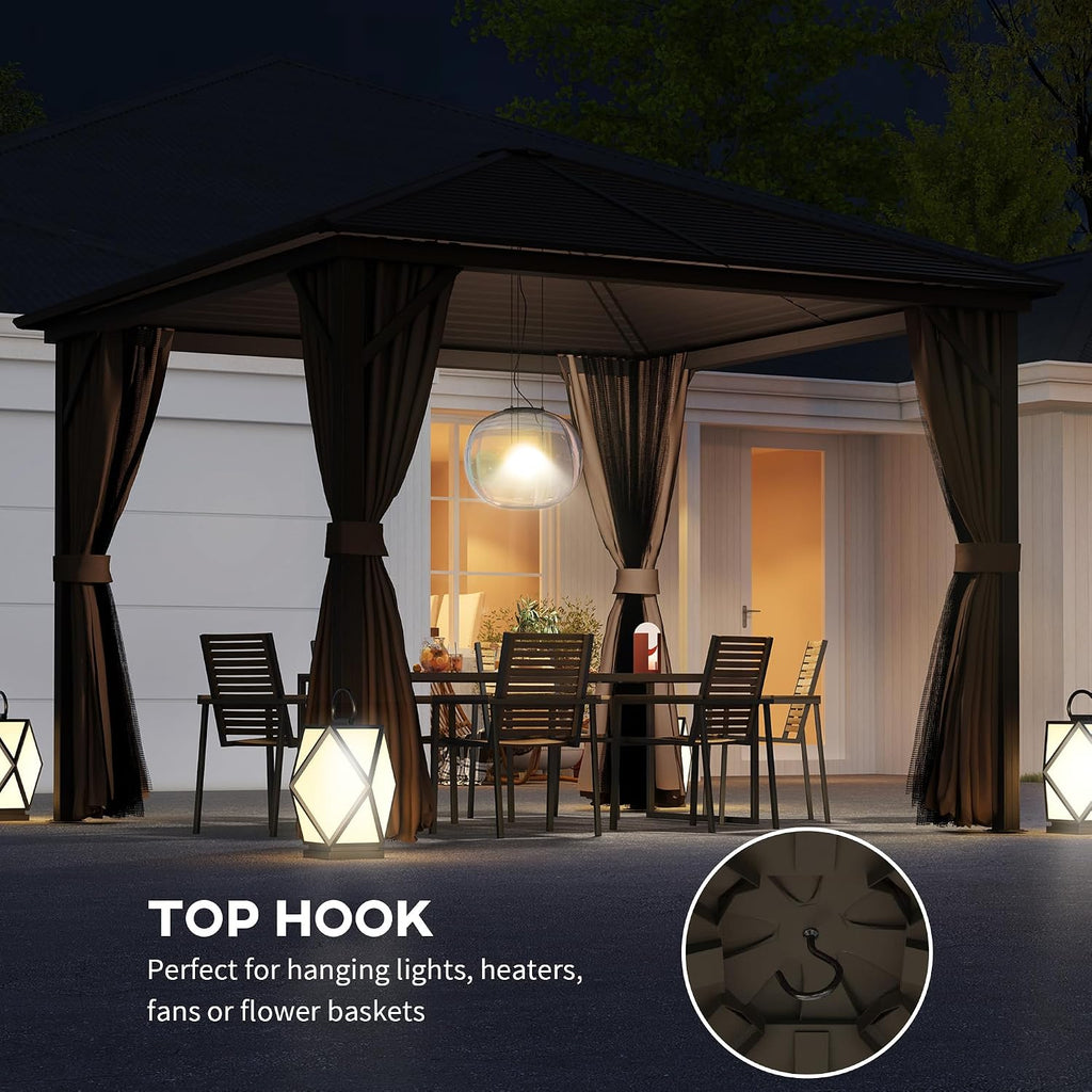 outsunny 10' x 10' hardtop gazebo with curtains showing dimensions