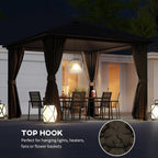 outsunny 10' x 10' hardtop gazebo with curtains showing dimensions