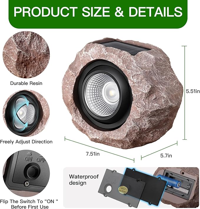 Timeflies Solar Rock Lights Outdoor, 2 Pack Super Bright Solar Spot Lights Outdoor IP65 Waterproof Solar Yard Lights, Auto On/Off Garden Decor for Outside Paths, Sidewalks, Yards, Landscapes, Patios