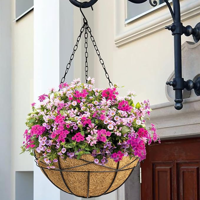 2 Pack 16 Inch Hanging Planters for Outdoor Plants Metal Wire Flower Baskets with Coco Liner & Plastic Saucer Large Deep Hanging Plant Pots for Porch Balcony Garden Décor