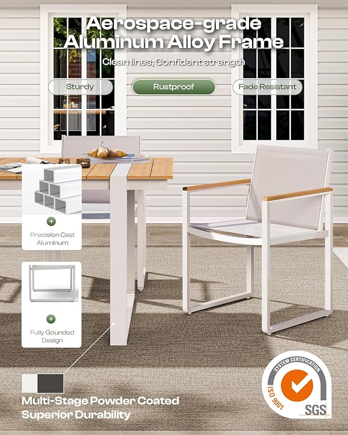 Outdoor Table and Chairs of 4, Patio Dining Sets, HDPS + Aluminum Outdoor Furniture Set with Umbrella Hole, Patio Dining Table Set (White-Teak)