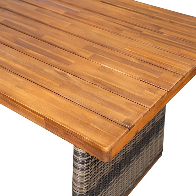 Christopher Knight Home Pasco Acacia Wood Outdoor Dining Table Set for 6, Wicker Patio Dining Set with Acacia Wood Table and Bench, Patio Table and Chair Set with Cushion+Rope Backrest,Black+Teak+Grey
