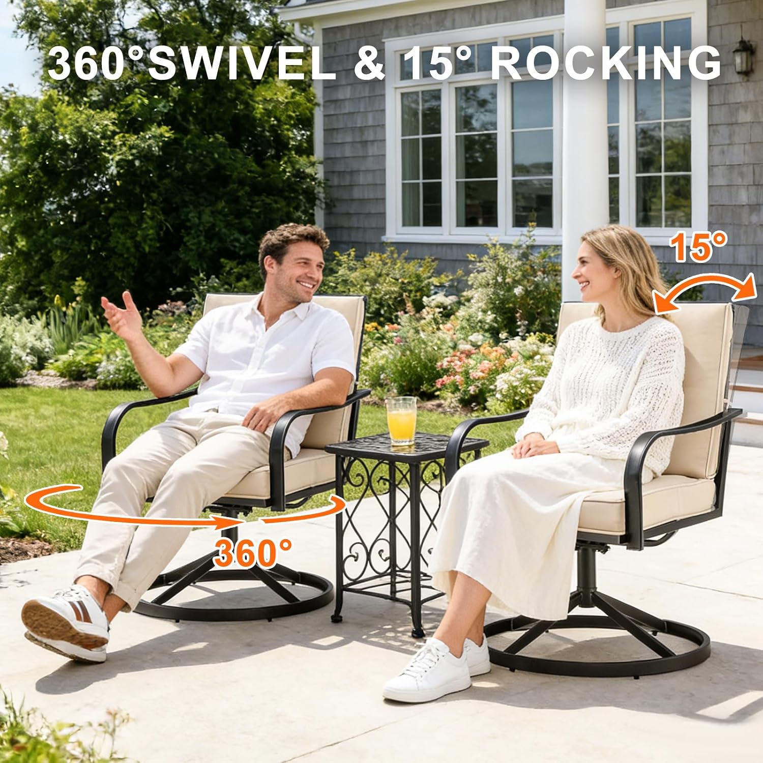 Patio Swivel Chairs Set of 2 Outdoor Swivel Chairs, Beige | Thickened Cushions, All Weather Metal Frame, Comfort Outdoor Height, Sturdy Stable Base, for Garden Lawn Porch, Easy to Clean