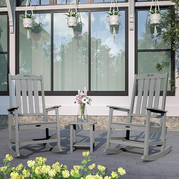 Oversized Rocking Chair Set of 4, Outdoor Rocking Chair for Adults, All Weather Resistant Porch Rocker for Lawn Garden, Grey