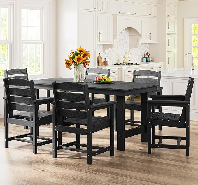 SERWALL Patio Dining Table Sets 5-Piece, Outdoor HDPE Dining Furniture Set with Umbrella Hole Cut-Out Table and 4 Chairs, All Weather Dining Set for Lawn, Garden, Backyard, Poolside, Black