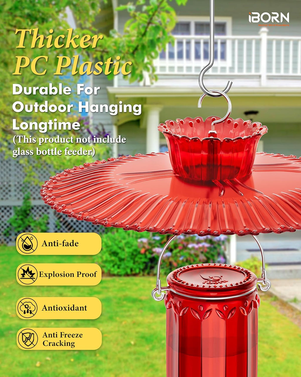 iBorn Hummingbird Feeders Sun Baffle,Ant Proof Moat Shade Cover Combo,for Hanging Bird Feeder for Outdoors Rain Guard,Red, 10.6inch