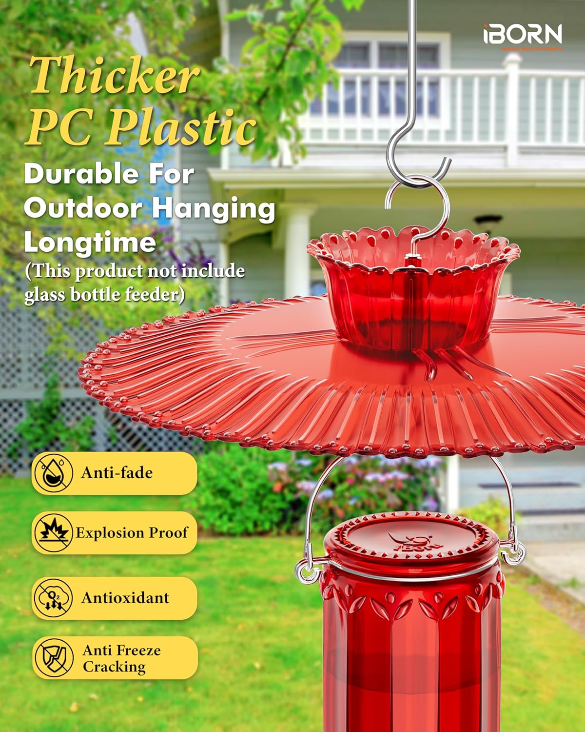 iBorn Hummingbird Feeders Sun Baffle,Ant Proof Moat Shade Cover Combo,for Hanging Bird Feeder for Outdoors Rain Guard,Red, 10.6inch
