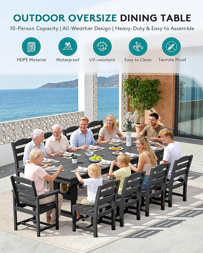 SERWALL 11 Piece Outdoor Dining Set, 84" HDPE Outdoor Table and Chairs for 10，All Weather Patio Furniture Set with Umbrella Hole for Backyard, Garden, Black