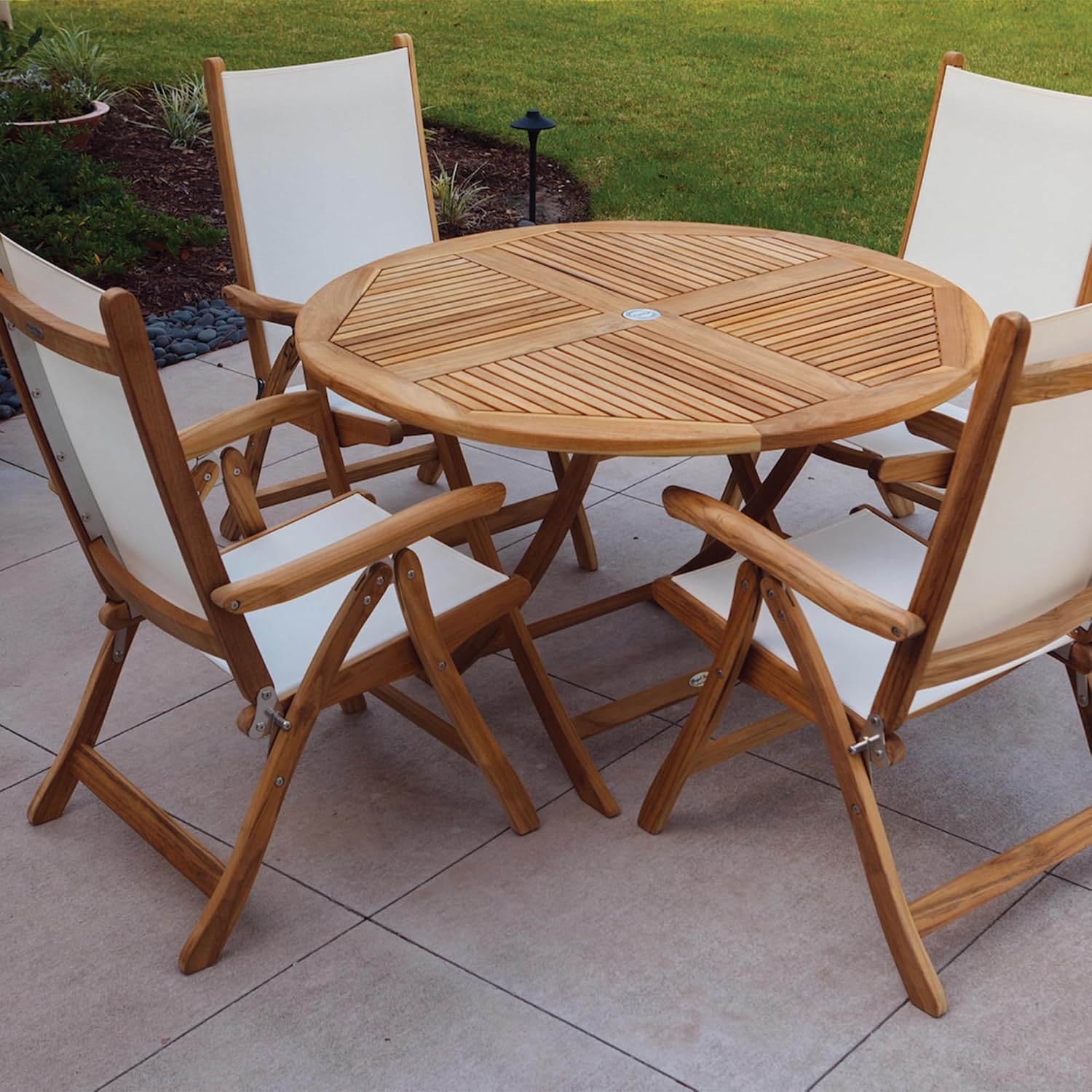 Royal Teak Collection FLBL Florida Teak Sling Chair, Reclining Outdoor Arm Chair, Adjustable Patio Chairs, Wooden Folding Chairs for Garden, Deck and Poolside Seating, Outdoor Furniture, White | Adjustable Reclining Patio Chairs with Black Sling, Teak