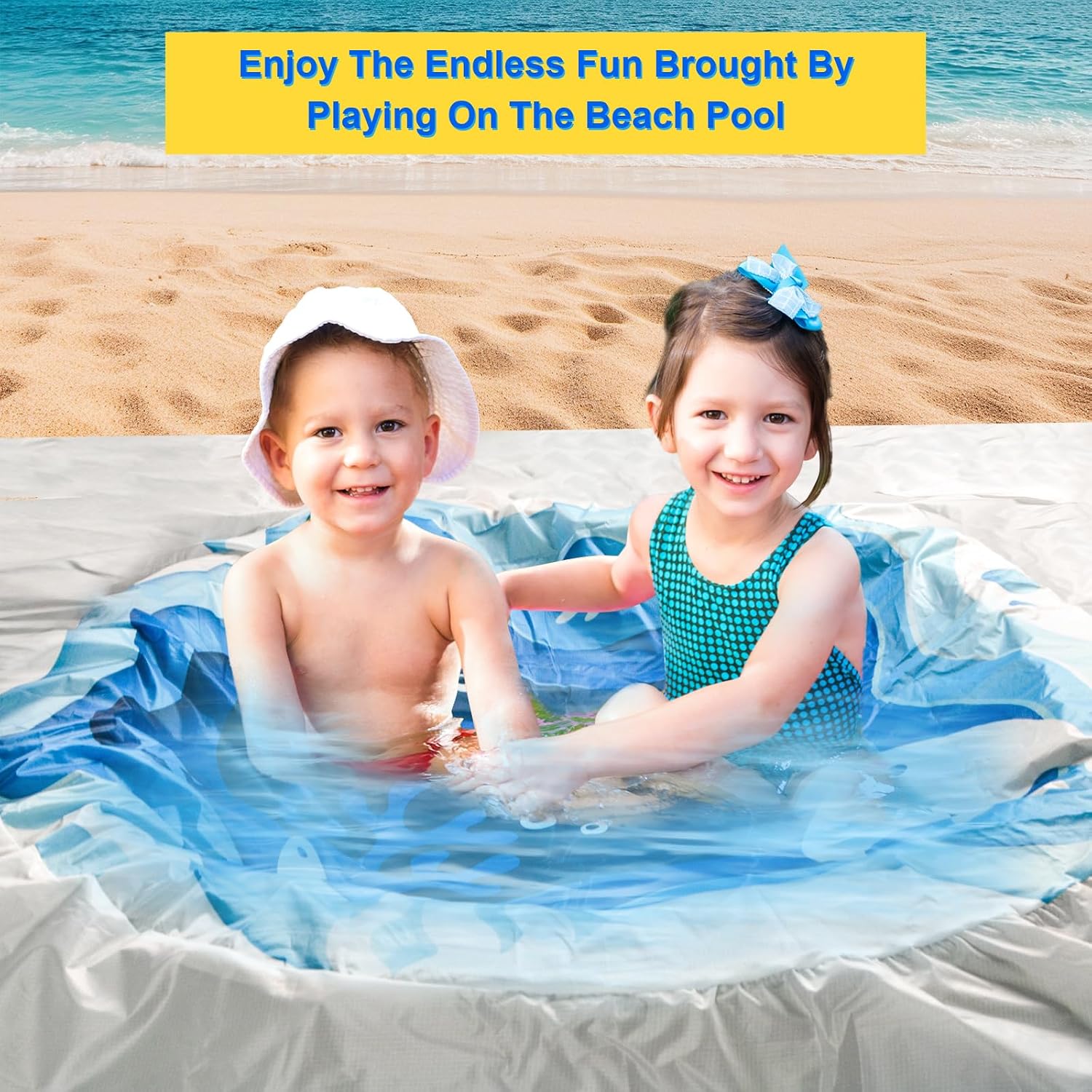 6.5 X 6.5Ft Baby Beach Pool, 2 in 1 Square Portable Toddler Beach Puddle | Cartoon Ocean Theme, Waterproof & Sandproof, Cute Toddler Paddling Pool Beach Blanket with Carrying Bag for Boys Girls, Blue