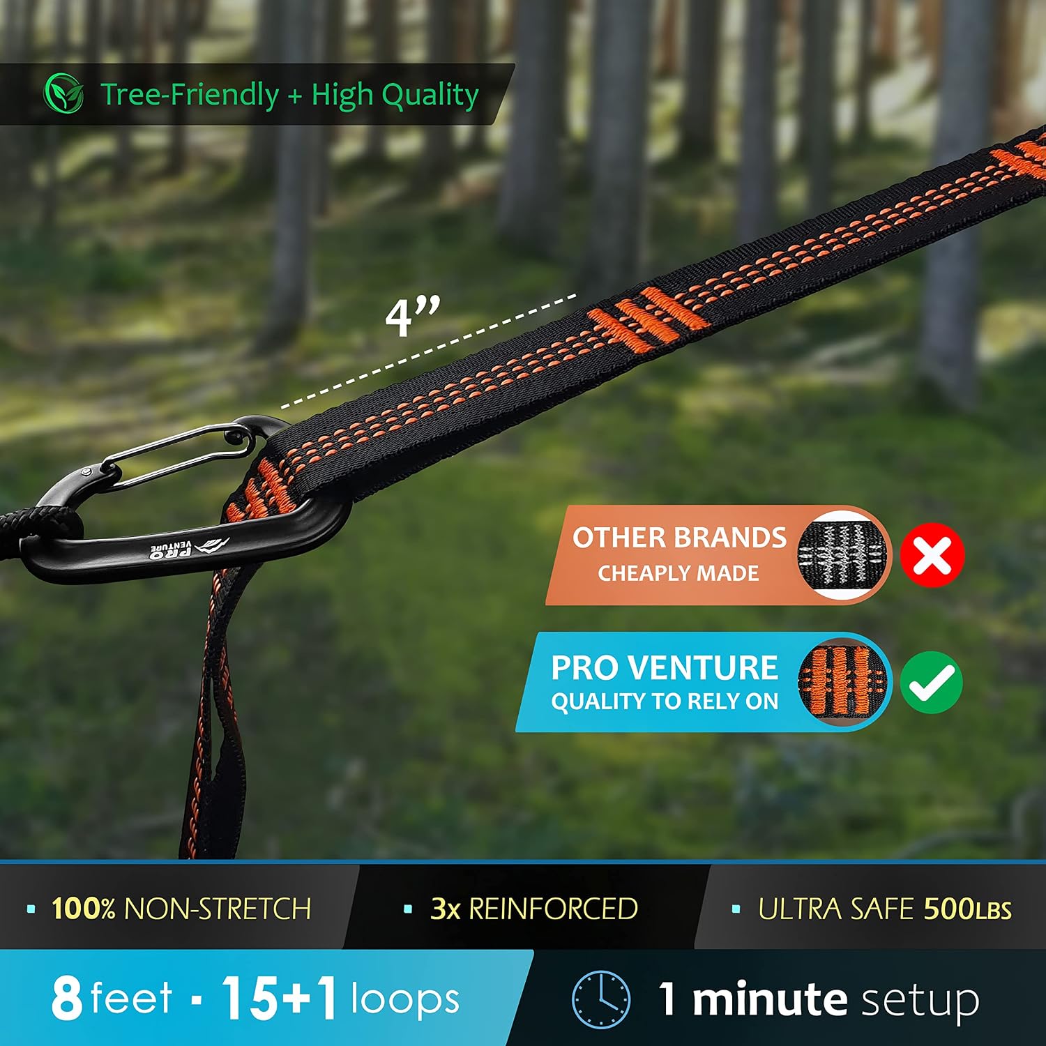 Hammock Straps and 2 Carabiners, 30+2 Loops, 1200lbs Breaking Strength (500lbs Rated) | 100% Non-Stretch, Lightweight, Portable Camping - Quick, Easy Setup | Heavy Duty + Tree Friendly