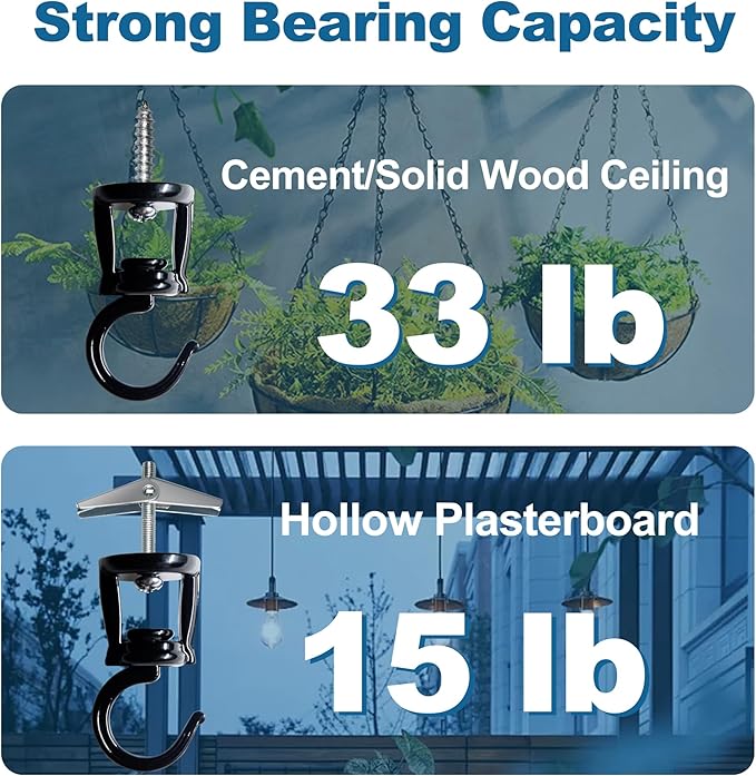 ONIKK Ceiling Hooks for Hanging Plants (2 PCS Black), Heavy Duty Metal Plant Hooks, Screw in Hooks for Hanging Birdfeeders, Lamps, Planters, Indoor Outdoor Wall Baskets Hooks up to 33 lbs