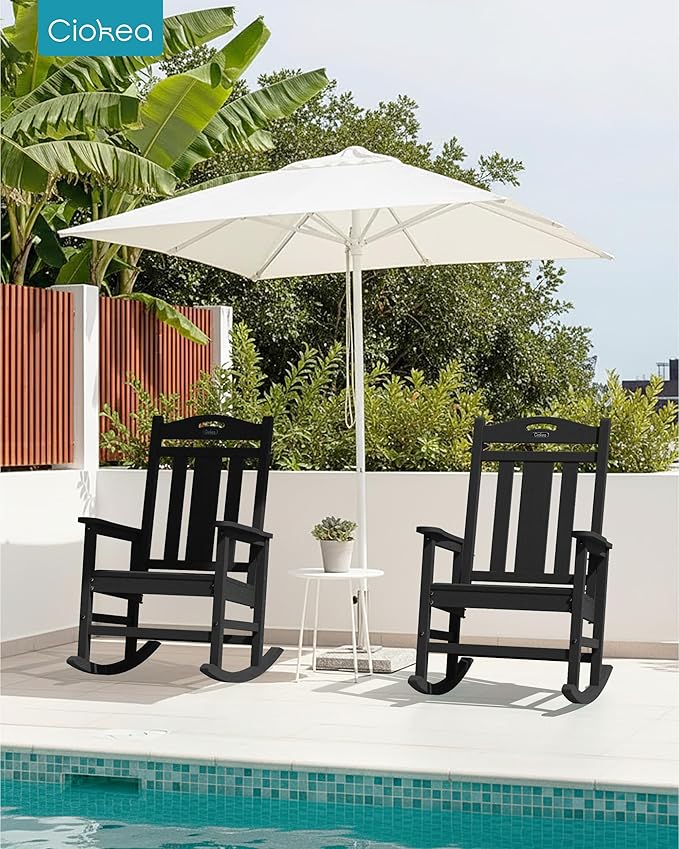 Ciokea Oversized Outdoor Rocking Chairs Set of 3, 380lbs Heavy-Duty Large Patio Rocker, High Back Cozy Porch Chairs, Weather Resistant Patio Rocking Chairs for Outside, Fire Pit, Deck, Black