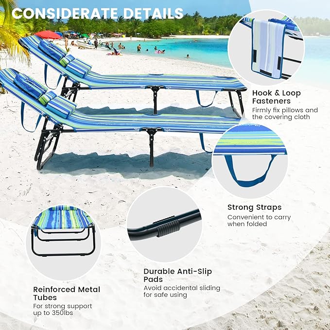 GYMAX Tanning Chair, 350lbs Beach Lounge Chair with Face Hole, Washable Pillow & Carry Strap, Adjustable Folding Chaise Lounge, Layout Lounger for Outside, Patio, Poolside, Lawn (2, Stripe)