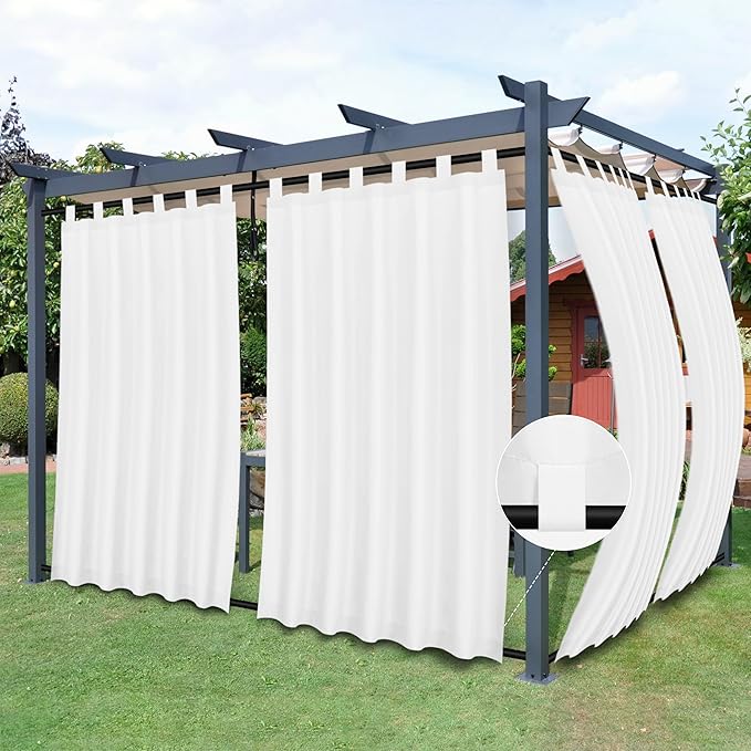 Easy-Going Outdoor Patio Curtains Detachable Tab Top Windproof Weatherproof Curtain for Cabana, Porch, Pergola and Gazebo, Tab Bottom Drape, 2 Panels, 54W x 120L inch, White