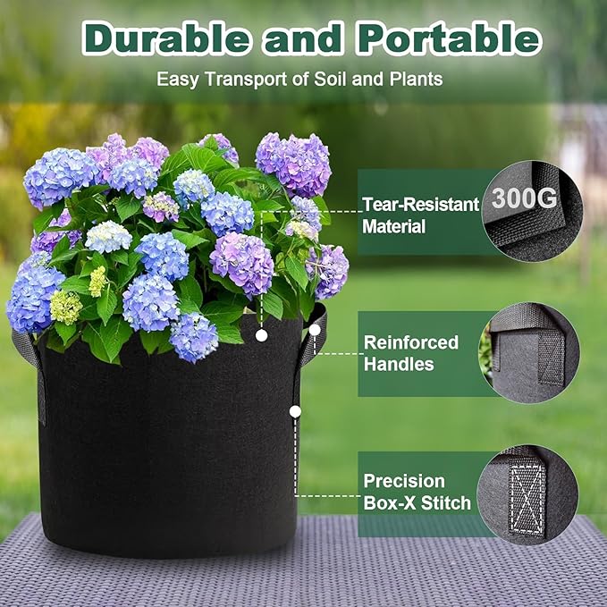 5 Pack 15 Gallon Grow Bags, Thickened Aeration Nonwoven Fabric Planting Bags with Handles, Heavy Duty 300G Garden Planter Bag for Tomato, Potato, Strawberry, Vegetable, Fruits and Flowers