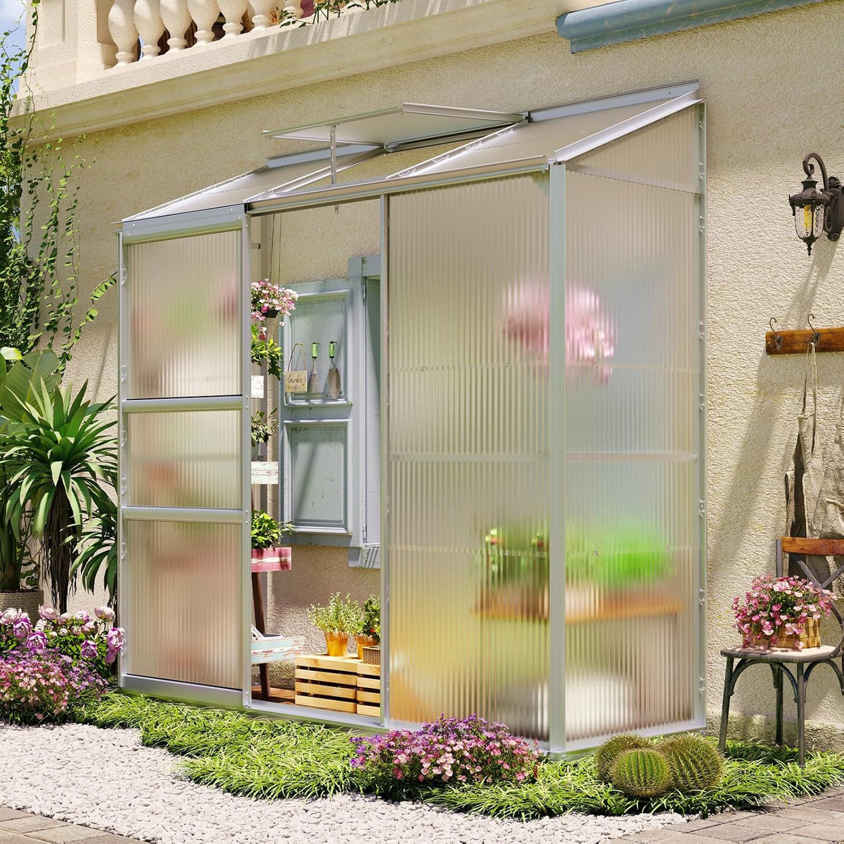 lean-to polycarbonate greenhouse 6x2 ft, sliver, outdoor garden, main product view