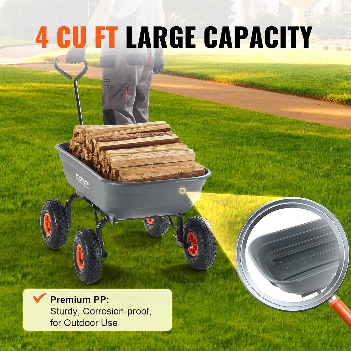 vevor poly garden dump cart 4 cu.ft. 600 showing dimensions