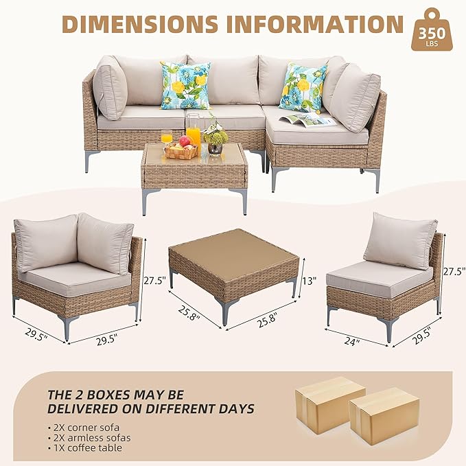 Jing's Villa 5-Piece Outdoor Patio Furniture Set,Ratten Conversation Sectional Sofa w/Coffee Table, All-Weather Patio Conversation Set with Thick and Anti-Slip Cushions for Backyard,Deck,Beige