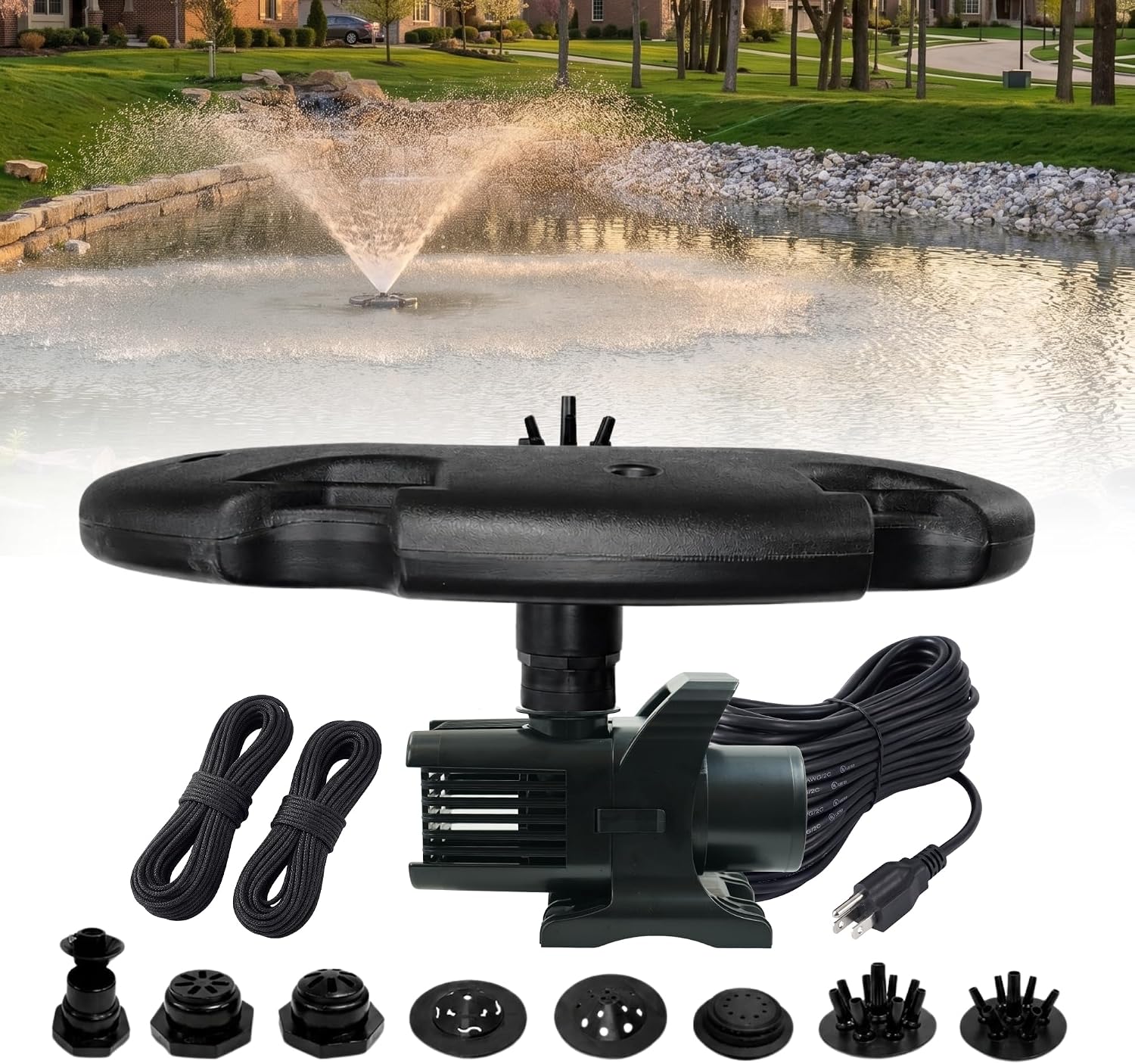 1.5 HP Floating Fountain & Aerator for Ponds and Lakes with 100 ft Cord | 12,550 GPH, 11 spray patterns, Energy-efficient 850W Pump, Protective Intake Screen