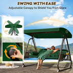 3 in 1 Outdoor Porch Swing with Adjustable Canopy, 3 Seat Outdoor Swing for Adults, Patio Swing Chair with Thickened Cushions,Pillows & Cup Holders for Backyard, Porch, Garden (Green)