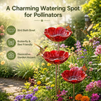 3 Pcs Metal Flower Bird Bath Garden Stakes, Red Poppy Flower Bowl Outdoor Yard Decor,Handmade Style Decorative Bird Feeder Water Bowl for Birds, Bees, Butterflies, Beds,Patio, Lawn and Garden