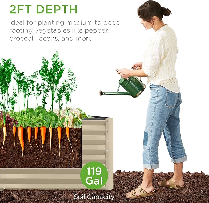 Best Choice Products 4x2x2ft Outdoor Metal Raised Garden Bed, Deep Root Box Planter for Vegetables, Flowers, Herbs, 119 Gallon Capacity, 100% Non Toxic Materials - Beige