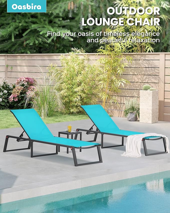 Aluminum Chaise Lounge Chair Outdoor, Foldable & Assembly Free Patio Pool Lounge Chairs 5-Position Recliner for Outside Poolside, Fully Grounded Legs Sun Lounger for Beach, Yard, Lake Blue