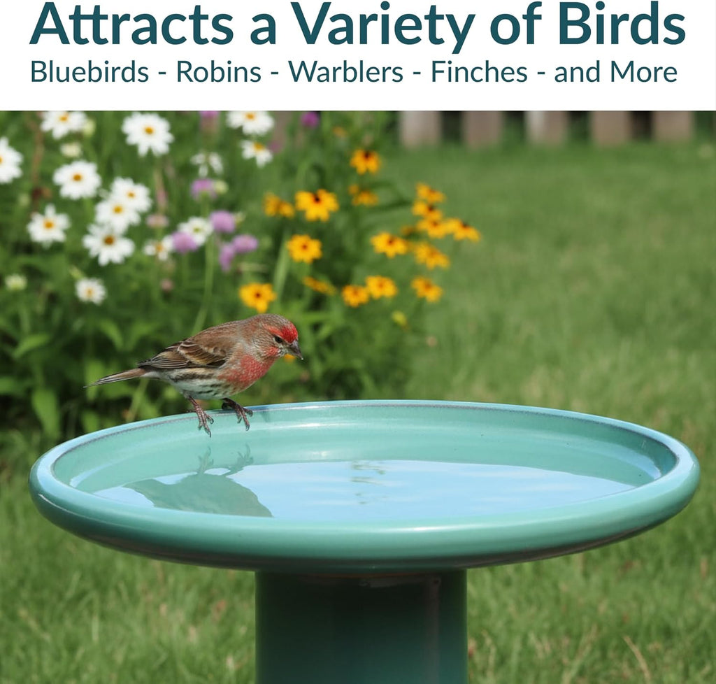 Sunnydaze Hand-Painted Ceramic Outdoor Bird Bath for Garden, 21” H, Seafoam | UV & Frost-Resistant Mineral Glazed Finish, 1 Gal Water Cap, Easy Assembly, Pedestal Bird Bath for Outside, Ceramic Birdbath
