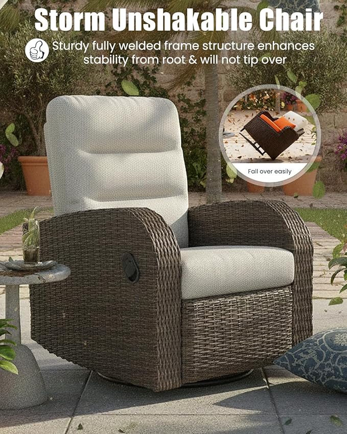 Outdoor Swivel Recliner Chair Set of 2, All-Weather Wicker Reclining Patio Chair with Adjustable Backrest and Footrest