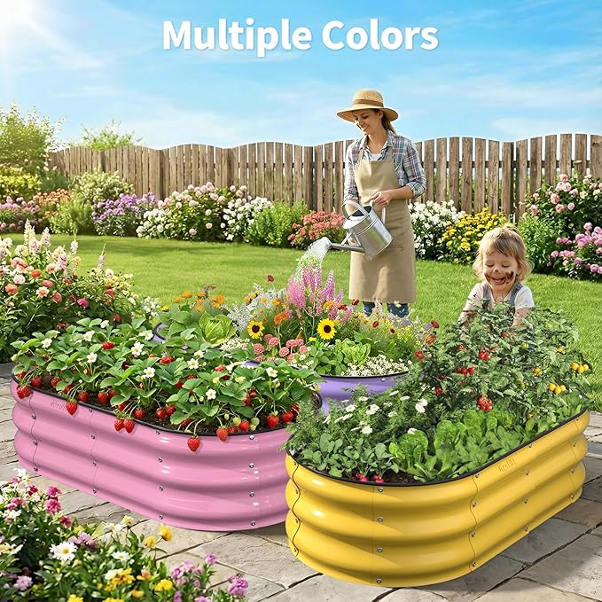 Kesfitt Raised Garden Bed, 4x2x1 FT Galvanized Steel Metal Raised Garden Bed, Oval Open-Bottom Design, 12-Inch Deep for Outdoor Vegetable & Herb Gardening, Creamy Yellow