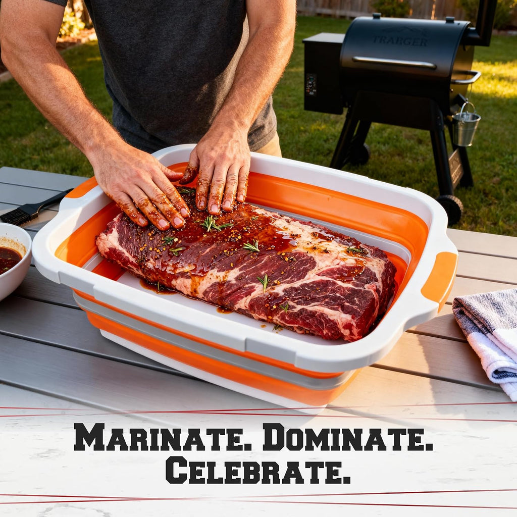Collapsible XL Smoker & BBQ Prep Tub with Locking Lid | Includes Cutting Board, Meat Marinade & Brine Container For Turkey, Brisket & Ribs - Best Grill Accessories Gifts For Men