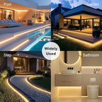 50ft COB Outdoor LED Strip IP67 Waterproof, 3000K Warm Whit DC24V Flexible LED Rope Strips with Remote & App Control Dimmable, DIY Lighting for Indoor, Outdoor, Bedroom, Garden, Patio