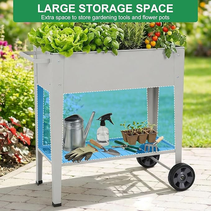 Elevated 32" Tall Raised Garden Bed with Legs and Wheels for Mobility, Metal Planter Boxes Outdoor with Shelf, Raised Bed for Gardening Vegetables/Herbs, Backyard, Patio, Balcony, Grey
