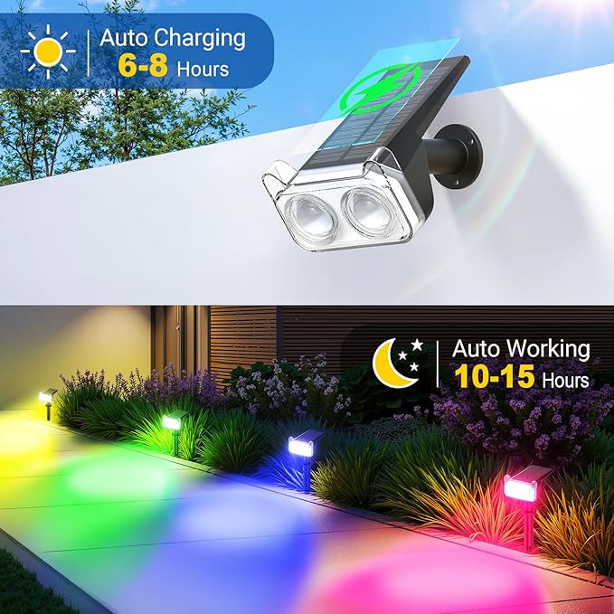 LETMY Solar Spot Lights Outdoor Waterproof with Bigger LED, 6 Pack 135°Adjustable Solar Lights Outdoor, 2-in-1 Wall Lights & 2 Modes Landscape Spotlights for Tree Yard Pathway Garden Decor(RGB Light)