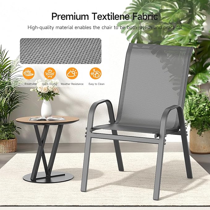 ONBRILL Patio Chairs set of 4, Easy Assembly Stackable Outdoor Dining Chairs with Wide Seat and Sturdy Metal Frame, Breathable All Weather Textilene Outdoor Chairs Set of 4 for Deck, Pool, Porch, Grey