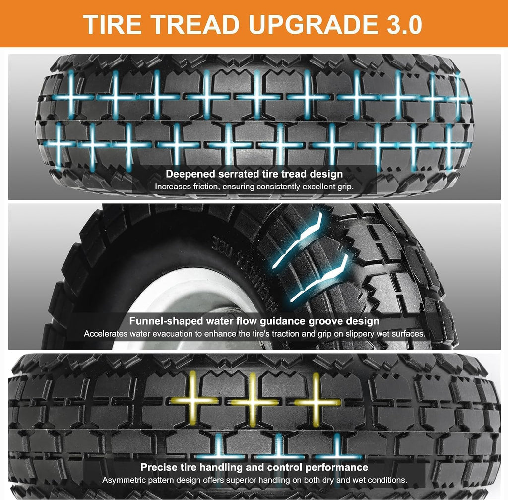 10" solid tires, 4.10/3.50-4 tire and wheel flat showing dimensions