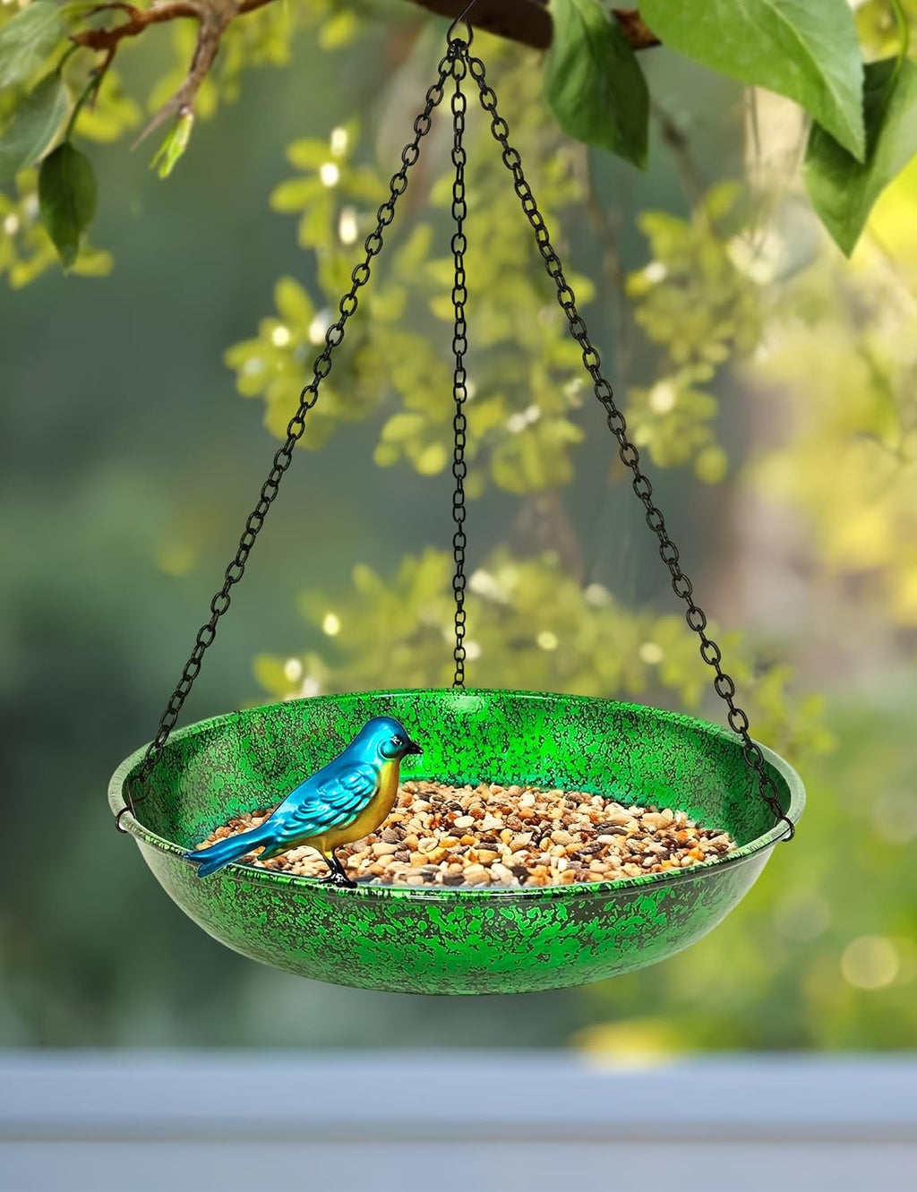 Hanging Bird Bath for Outside, 11” Metallic Green & Blue Metal Birdbath Bowl & Feeder with Black Chain Outdoor Garden Yard Decor (0.5 Gallon)