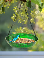 Hanging Bird Bath for Outside, 11” Metallic Green & Blue Metal Birdbath Bowl & Feeder with Black Chain Outdoor Garden Yard Decor (0.5 Gallon)